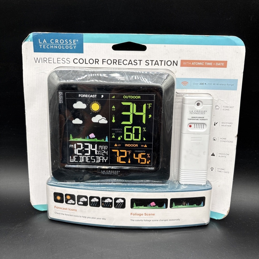 La Crosse L78571 Wireless Forecast Station Atomic Clock Digital Thermometer New